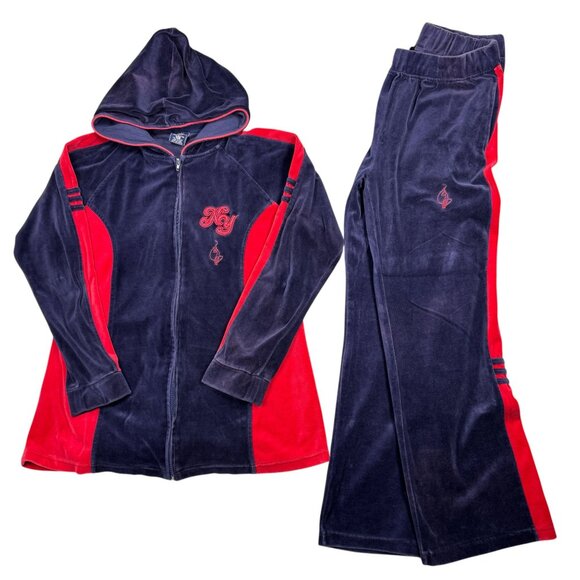 Y2K Baby Phat Velour Tracksuit Set Streetwear Navy Red Soft Loungewear Women 2XL